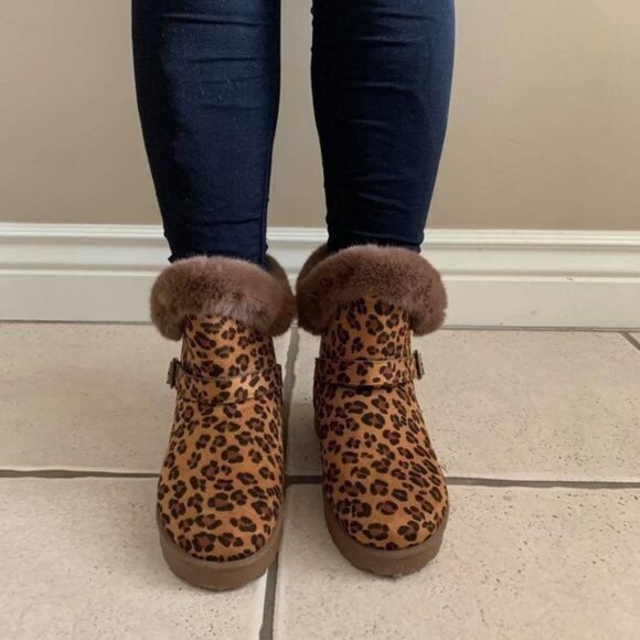 NIB Leopard Fur Short Durable Ankle Vegan Suede Bootie Warm Winter Women's 5 - Picture 6 of 9